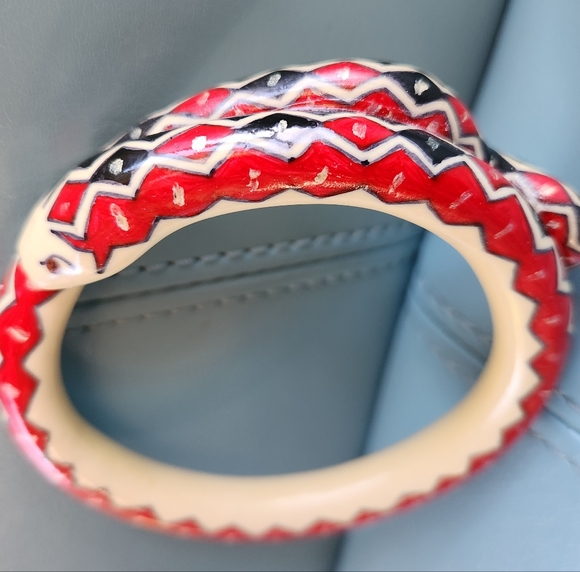 20s SNAKE Serpent Cuff Bangle Art Deco Ivorine Harlequin Handpainted Bracelet - Picture 2 of 16